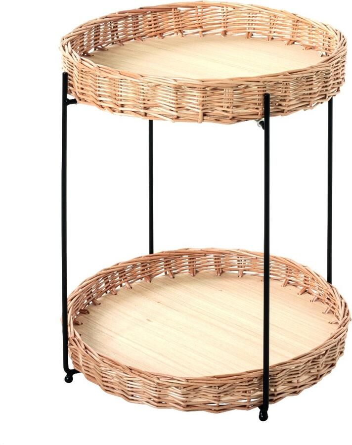 HK-Shop Tafel – Bijzettafel van zwart gelakte stalen buis – Natuurlijke multiplex plank met stijlvol vlechtwerk – Modern design in zwart en naturel – Stabiel en elegant – 49 cm hoog en 42 cm diameter
