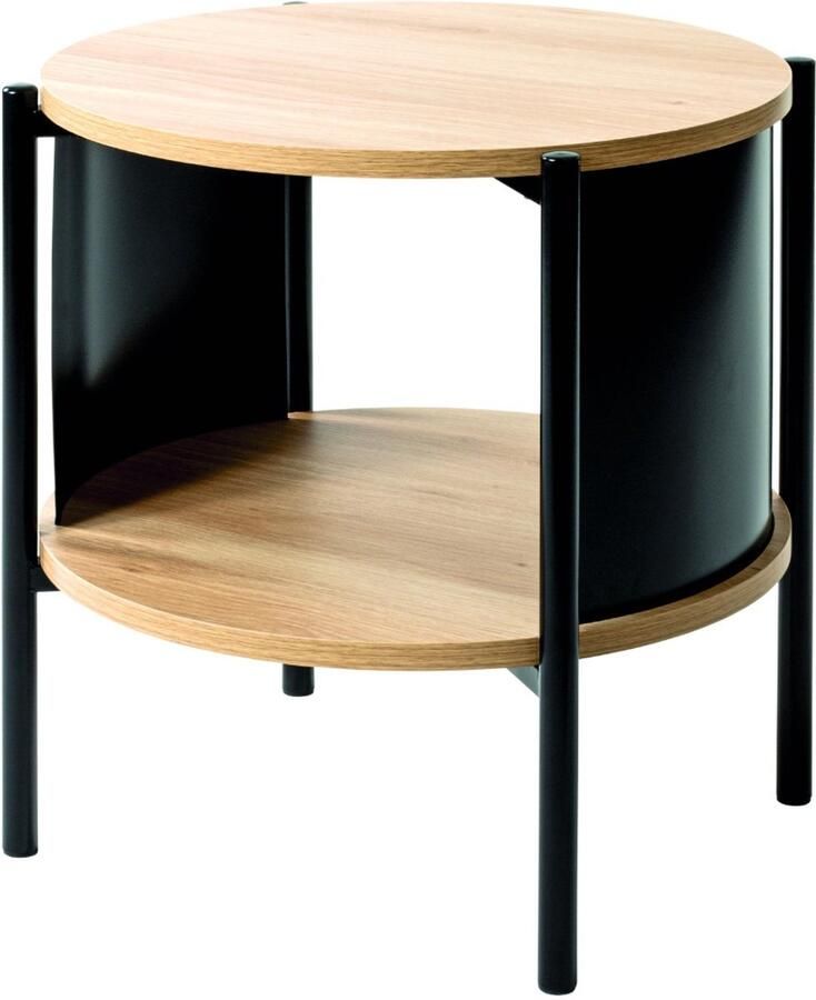 HK-Shop Tafel – Bijzettafel van zwart metaal en natuurlijk eiken spaanplaat – Industrieel design – Stevig en stijlvol – Compact formaat 44 cm hoog en 44 cm doorsnee