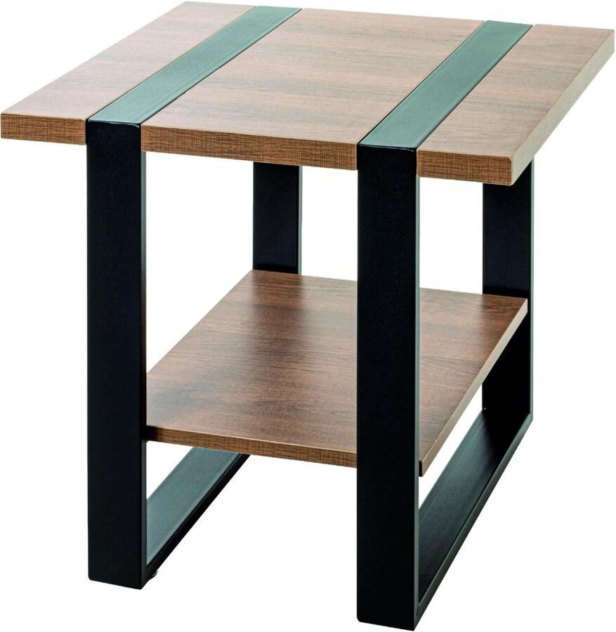 HK-Shop Tafel – Bijzettafel van zwart staal – Donker eiken spaanplaat met kleuraccenten – Modern design – Compact 45x45x45 cm – Stijlvol en stevig