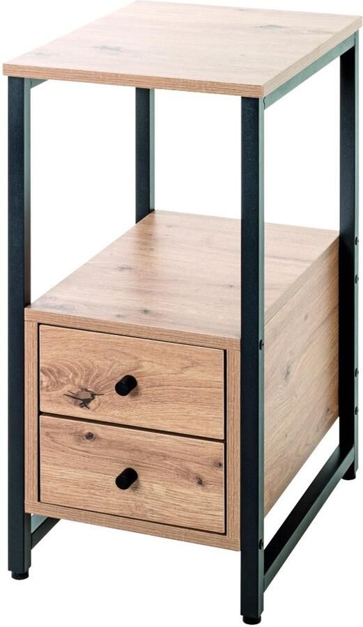 HK-Shop Tafel – Bijzettafel met stalen frame – Licht eiken spaanplaat met zwarte accenten – Compact formaat – 2 ruime lades – Modern en stevig design
