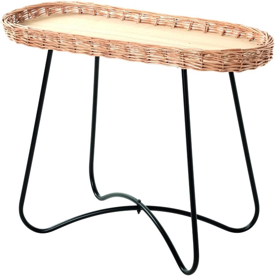 HK-Shop Tafel – Bijzettafel met zwart stalen frame – Natuurlijke multiplex plank – Stijlvol vlechtwerk design – 70x33x55 cm – Robuust en modern