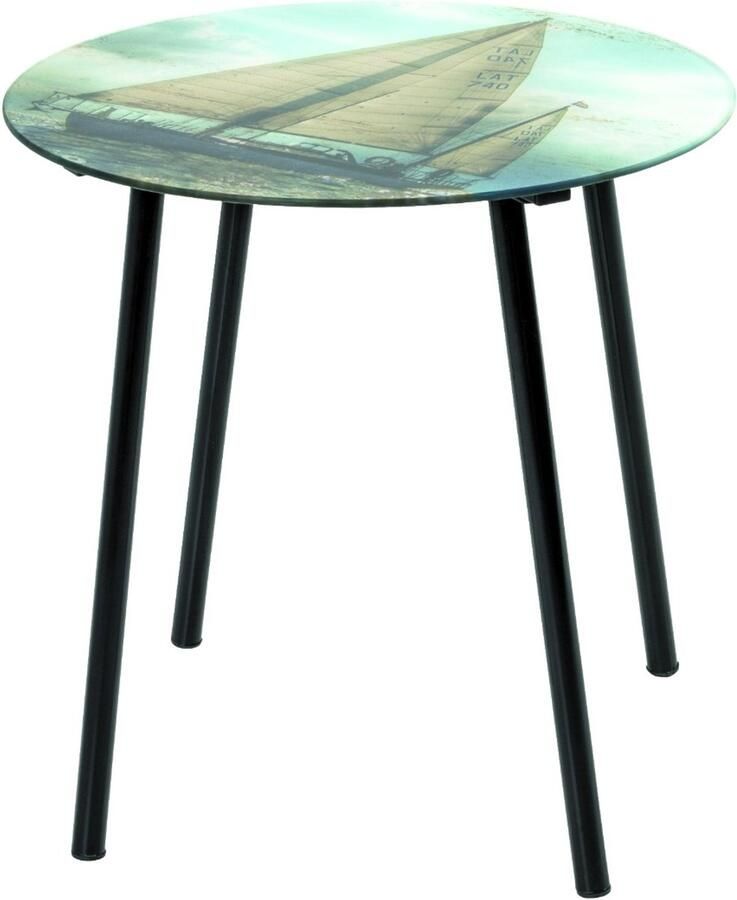 HK-Shop Tafel – Bijzettafel – Rond – Zwart geverfd stalen buisframe – Veiligheidsglas 5 mm met zeilschipmotief – Diameter 40 cm – Hoogte 41 cm