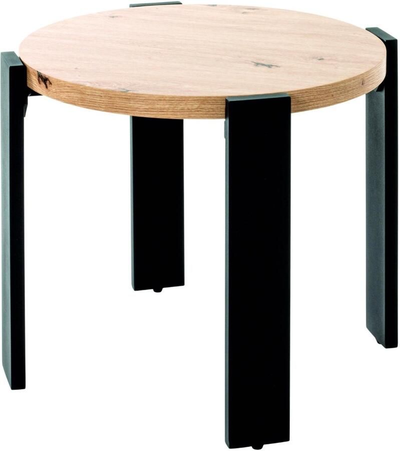 HK-Shop Tafel – Rond bijzettafeltje van zwart stalen buizen – MDF plank in licht eiken met stijlvolle kleuraccenten – Modern design – Stevig en onderhoudsvriendelijk – 50 cm diameter – 46 cm hoog