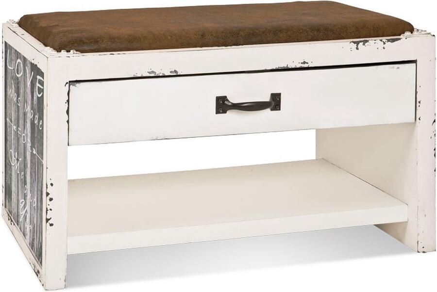 HK-Shop Hocker – Massief hout vintage look – Leatherlook zitting met lade – 72 cm breed 38 cm diep 42 cm hoog