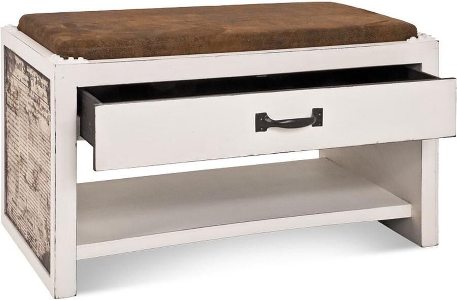 HK-Shop Hocker – Massief hout vintage look – Leatherlook zitting met lade – 72 cm breed 38 cm diep 42 cm hoog