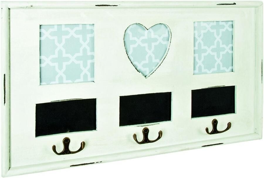 HK-Shop Kapstok – Wandkapstok massief hout en MDF – Antiekwit – Met 3 kledinghaken en fotolijsten – Praktisch en stijlvol voor hal of slaapkamer – 49x26 cm