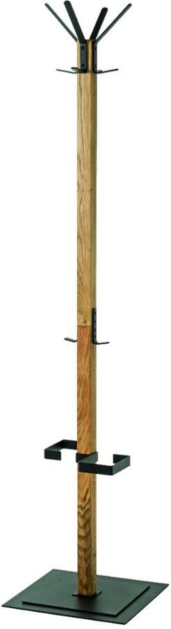 HK-Shop Kapstok – Massief eikenhouten frame met 6 haken en parapluhouder – Zwarte metalen voetplaat – Elegant design – Stevig en stabiel – 40x40x180 cm – Eik en zwart
