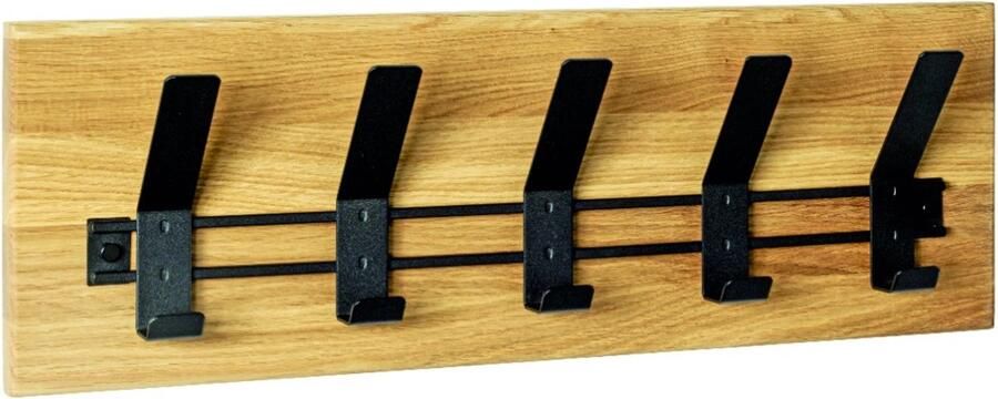 HK-Shop Kapstok – Massief geolied eikenhout – 5 zwarte metalen haken – Warm eik met zwart design – Duurzaam en stevig – 60 cm breed