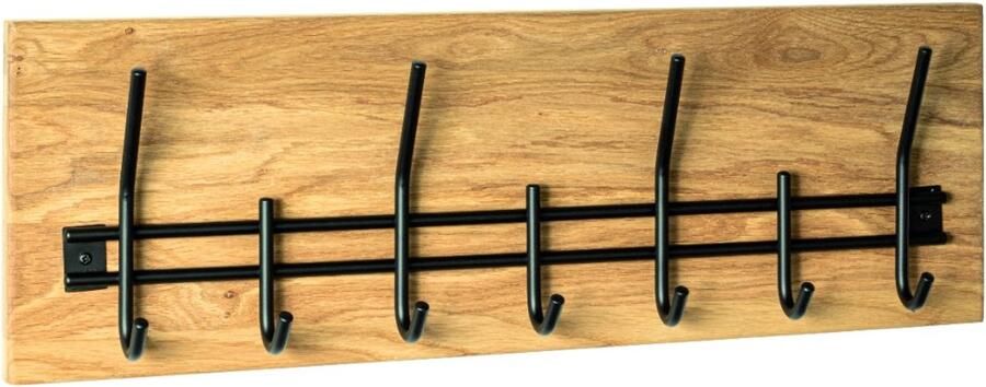 HK-Shop Kapstok – Massief geolied eikenhout met 7 zwarte metalen haken – Stijlvol natuurlijk design – Robuust hout en stevig metaal – Breedte 60 cm