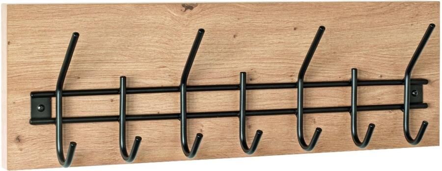HK-Shop Kapstok – MDF in licht eiken met zwarte accenten – 7 stevige stalen haken – stijlvol en modern design – 60 cm breed
