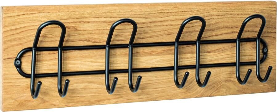 HK-Shop Kapstok – wandkapstok – massief geolied eikenhout – 8 zwarte gepoedercoate metalen haken – 60 x 10 x 20 cm – strak design