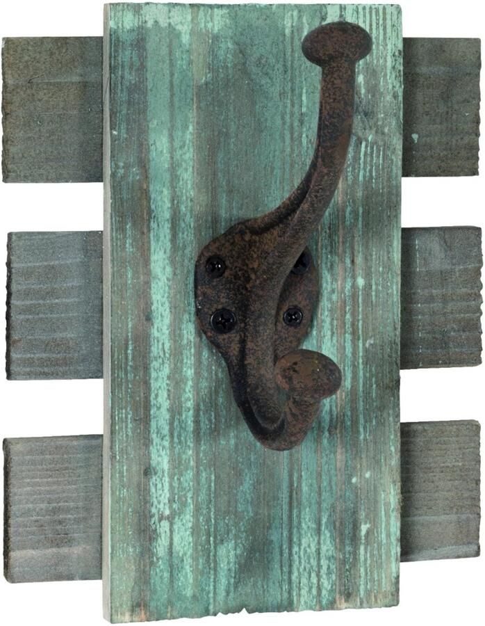 HK-Shop Kapstok – wandkapstok van massief hout in vintage look met zwart gietijzeren haken – kleurrijk accent – 16 x 11 x 20 cm – compact en robuust design