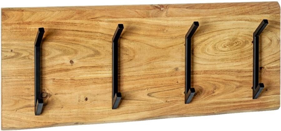 HK-Shop Kapstok – Massief houten wandkapstok – Natuurlijke acacia afwerking – 4 zwarte metalen haken – 90 cm breed – Stijlvol en stevig design