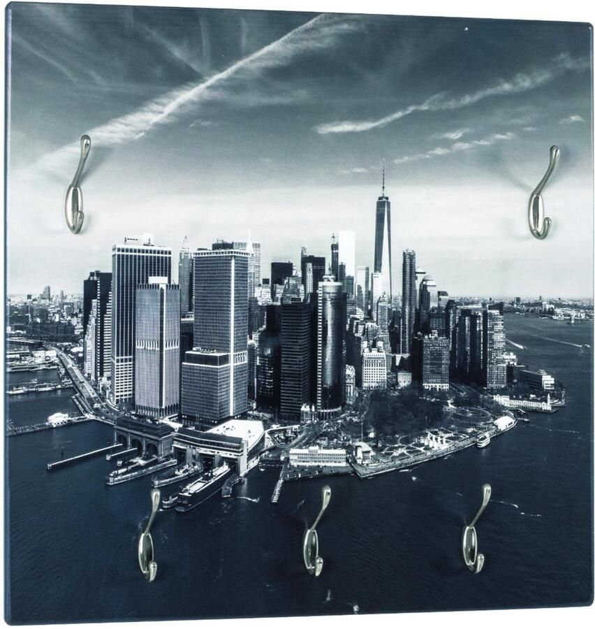 HK-Shop Kapstok – Wandkapstok – MDF met skyline UV-directprint – 5 metalen haken in RVS-look – 60 x 60 cm – Diepte 8 cm – Modern strak design