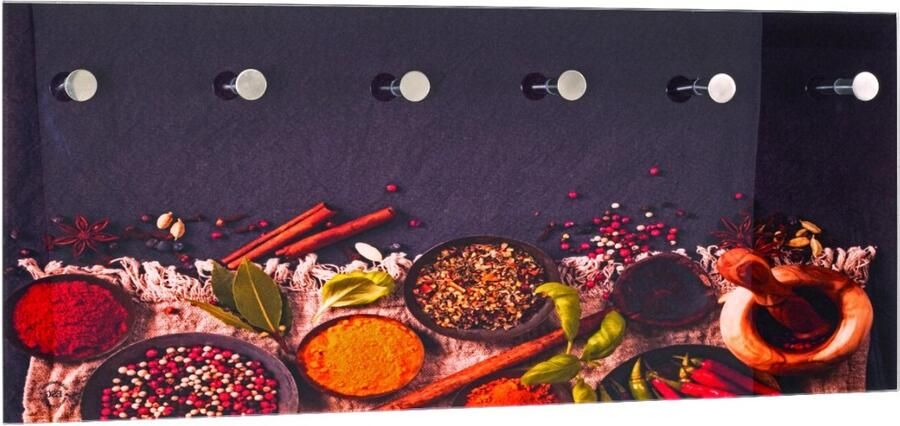 HK-Shop Kapstok – Wandkapstok van 6 mm veiligheidsglas met kruidenmotief en 6 haken in roestvrijstalen look – Metaal en glas – 70 x 5 x 30 cm – Stijlvol en stevig