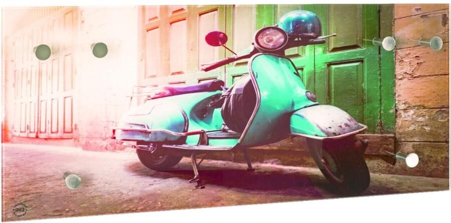 HK-Shop Kapstok – Wandkapstok van 6 mm veiligheidsglas met scooterprint – 6 haken in roestvrijstalen look – 70 x 30 x 5 cm – Metaal en glas – Modern en stijlvol