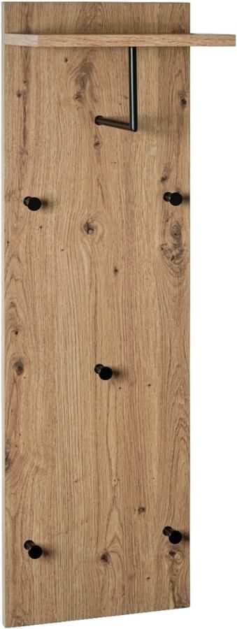HK-Shop Kapstok – Wandkapstok met hoedenplank – Licht eiken MDF en zwart metaal – Stijlvol design – Praktisch met kledingroede en haken – Compact formaat 30x20x100 cm