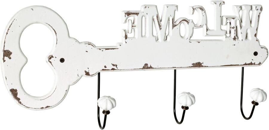 HK-Shop Kapstok – Wandkapstok met 3 haken – Wit afgeveegd MDF – Zwarte metalen haken met witte keramische jasbollen – 50 x 7 x 22 cm