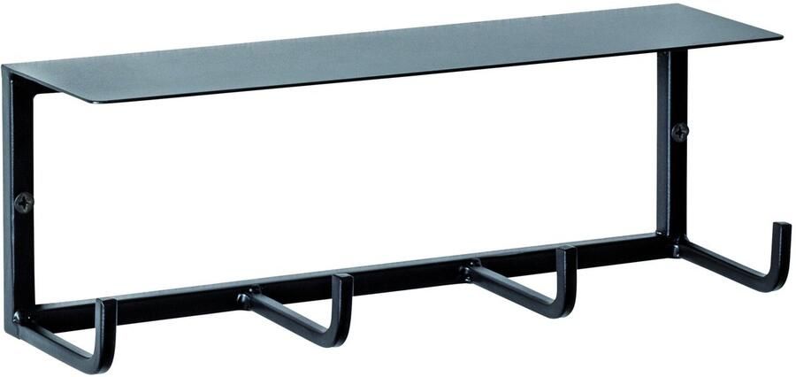 HK-Shop Kapstok – Wandkapstok met 4 haken en metalen plank – Zwart geverfd metaal – Compact 30 x 8 x 10 cm – Industrieel – Kant-en-klaar gemonteerd