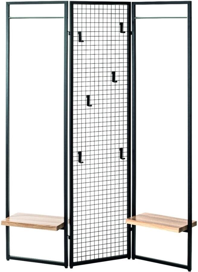 HK-Shop Kapstok – Modern garderoberek – Zwart staal en eiken MDF – Met 6 haken en verchroomde kledingstangen – Ruim en stijlvol ontwerp 133 cm breed – Praktische opbergplanken – Industriële look