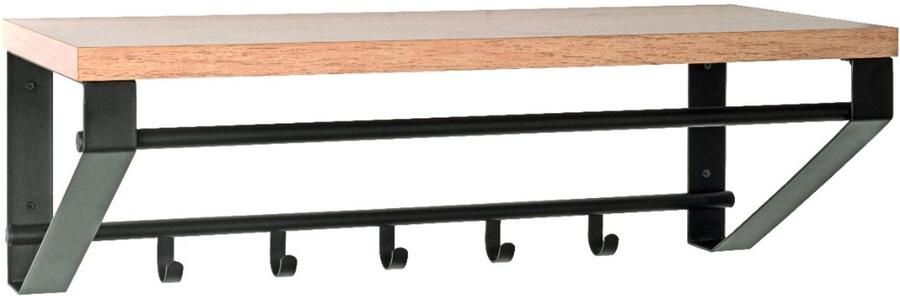 HK-Shop Kapstok – Wandkapstok met plank en roede – 5 kledinghaken – Zwart met licht eiken accenten – MDF en metaal – Stijlvol design – 70x30x23 cm