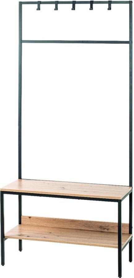 HK-Shop Kapstok – Staande kapstok van zwart staal met 5 haken – Planken van MDF in licht eiken met kleuraccent – Robuust design – 80x35x180 cm – Stijlvol en praktisch