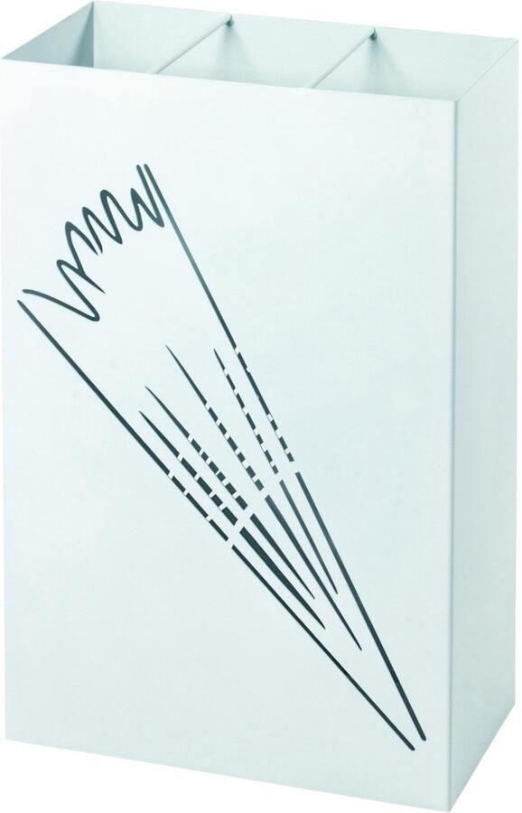 HK-Shop Paraplubak – Wit gelakt metaal – Modern gestanst motief – Inclusief kunststof lekbak – Stijlvol en praktisch – 30x16x48 cm – Gemonteerd geleverd