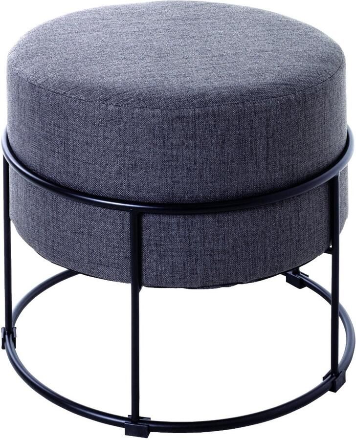HK-Shop Poef – Ronde gestoffeerde poef – Zwart stalen buisframe – Antraciet textiel op MDF zitting – Comfortabele zit – Gemonteerd geleverd – Diameter 48 cm x hoogte 44 cm