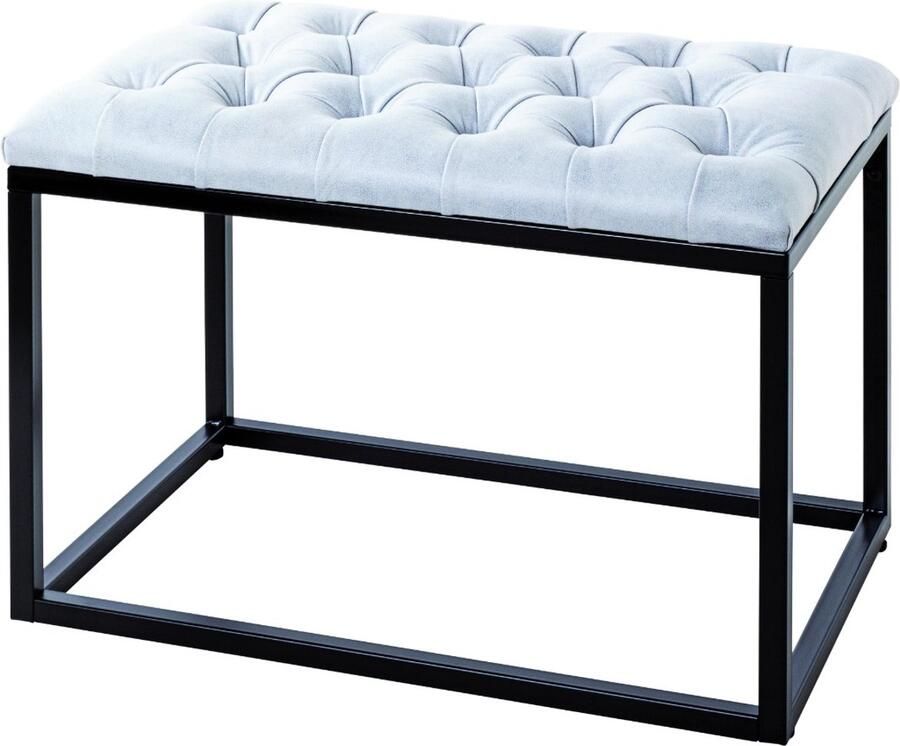 HK-Shop Poef – Gestoffeerde poef met lederlook textielzitting – Zwart stalen buisframe – Grijs zitvlak – Comfortabel industrieel design – 60 x 40 x 45 cm