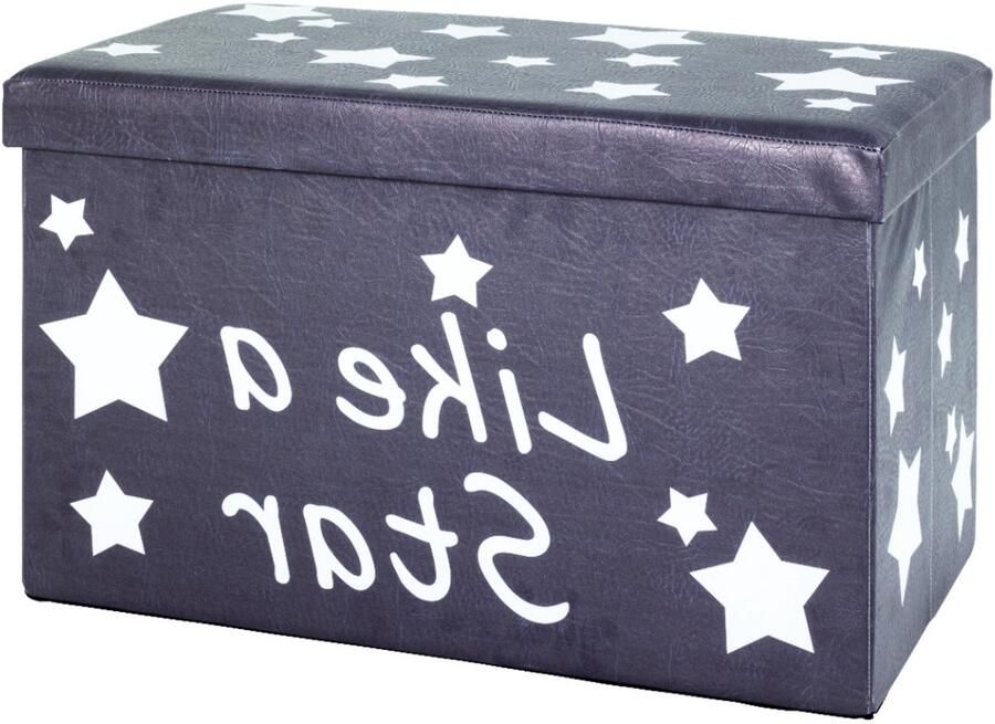 HK-Shop Poef – Opvouwbare opbergpoef – witgrijs kunstleer met sterrenmotief – comfortabele gevoerde afneembare zitting – ruimtebesparend opvouwbaar design – 65 x 40 x 40 cm