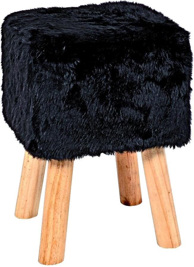 HK-Shop Poef – Zitting met luxe bontlook – Zwarte zachte textielstof – Massief houten poten – Comfortabel design – 30x30x45 cm