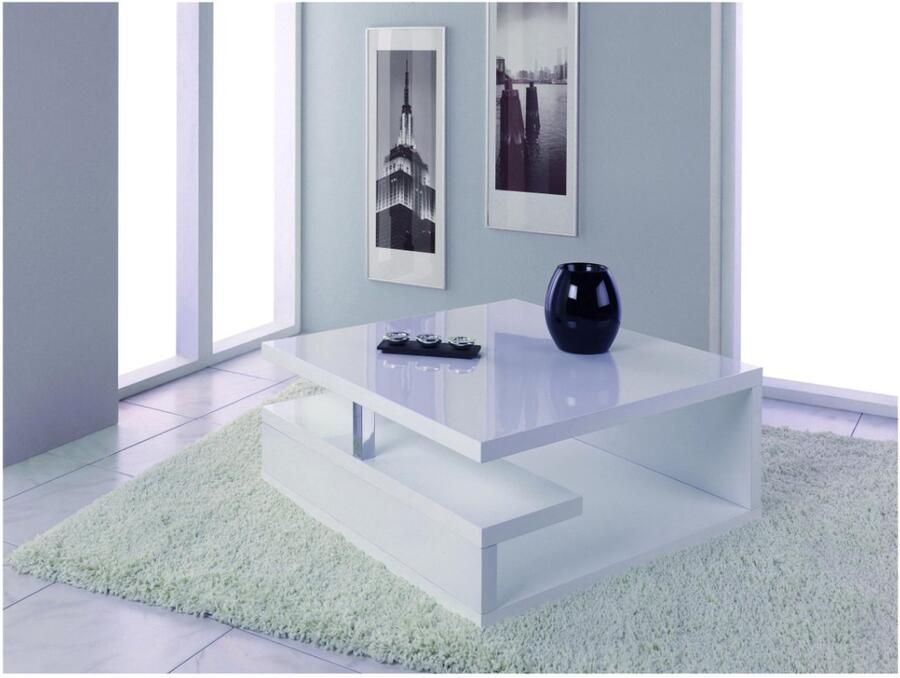 HK-Shop Tafel – Salontafel in hoogglans wit – MDF en metaal – 90x90x45 cm – Modern design met kunststof wielen