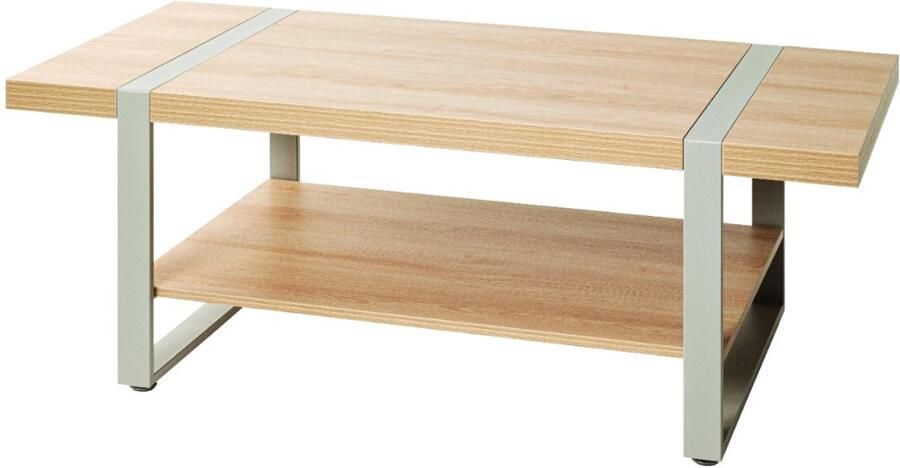 HK-Shop Tafel – salontafel – stalen buisframe met poedercoating in kasjmiergrijs – planken van spaanplaat in natuurlijk eiken – industrieel design – 120 x 60 x 45 cm – stevig en stijlvol