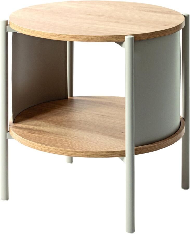 HK-Shop Tafel – Salontafel met stalen onderstel kasjmiergrijs – Planken van natuurlijk eiken spaanplaat – Modern design – Duurzaam en stijlvol – Hoogte 44 cm – Diameter 44 cm