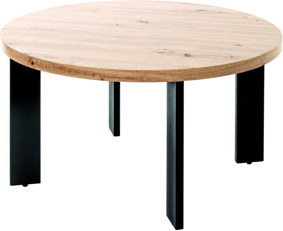 HK-Shop Tafel collectie – Stalen buistafel met licht eiken MDF blad – Stevig zwart gepoedercoat frame – Modern kleuraccent – Rond design 75 cm – Hoogte 42 cm – Stijlvol en duurzaam voor elk interieur