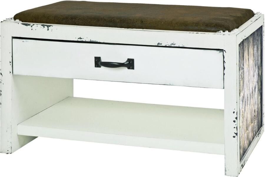 HK-Shop Schoenenrek – Schoenenbank met lade en plank – Vintage motiefdecor licht parket – Wit geborsteld MDF – Comfortabele bruine kunstlederen zitting – Gemonteerd – 72 x 40 x 43 cm