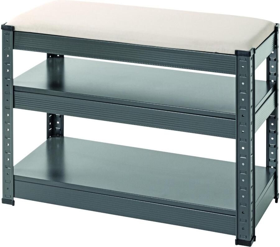 HK-Shop Schoenenrek – Metalen schoenenbank antraciet – Gewatteerde zitting grijs kunstleer – 2 planken voor 8 paar – Comfortabel zitmeubel 60x28x47 cm