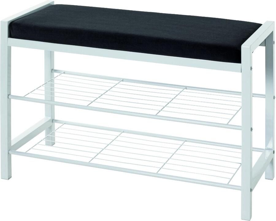 HK-Shop Schoenenrek – Stijlvolle zwarte fluwelen zitting – Wit gepoedercoat staal – Ruimte voor 6 paar schoenen – Comfortabel en stevig – 75x32x50 cm