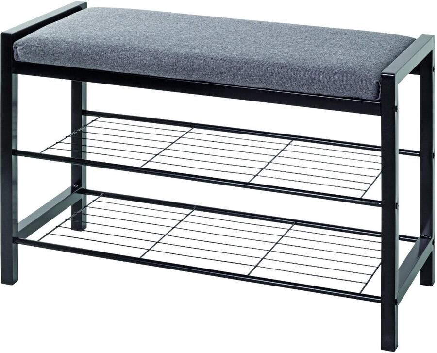 HK-Shop Schoenenrek – Stijlvol zwart metaal en grijze textielstof – Comfortabele zitting – Ruimte voor 6 paar schoenen – Stevig en modern design – 75 cm breed