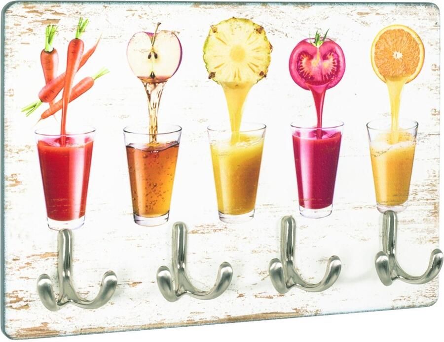 HK-Shop Sleutelkastje – Wandkast met 4 RVS-look sleutelhaken – UV-directprint op MDF met vruchtensappenmotief – Roestvrijstalen look – 30 x 21 x 5 cm – Duurzaam metaal en MDF