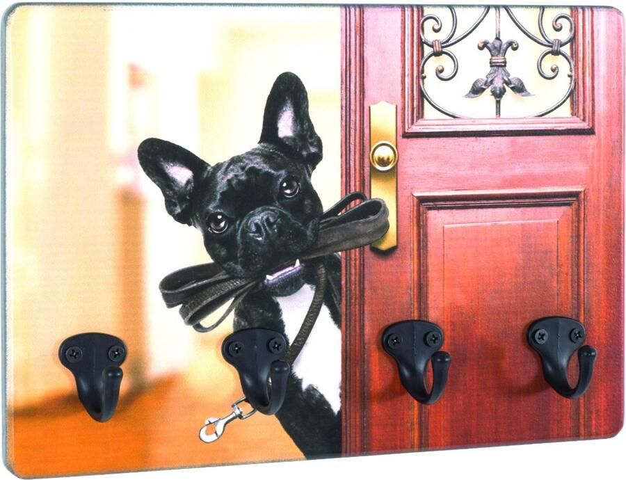 HK-Shop Sleutelkastje – Wandkast met 4 zwarte metalen haken – MDF met UV-directprint hond op deur – Zwart motief – 30 x 21 x 5 cm – Stijlvol en ruimtebesparend