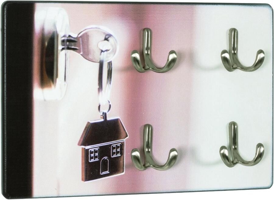 HK-Shop Sleutelkastje – wandkast voor sleutels – RVS-look met deurslotmotief – MDF met UV-directprint – 4 metalen sleutelhaken – 30 x 5 x 21 cm