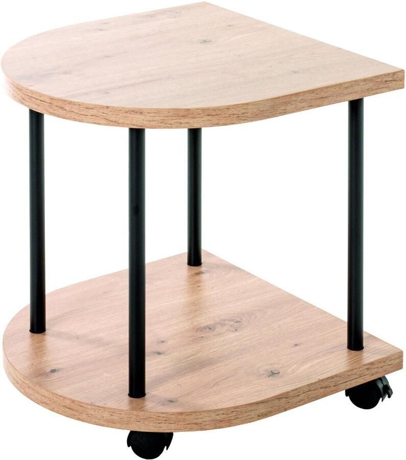 HK-Shop Tafel – Bijzettafel op wielen – Zwart stalen frame – Licht eiken MDF planken met kleuraccent – Compact en stijlvol – 40x40x45 cm