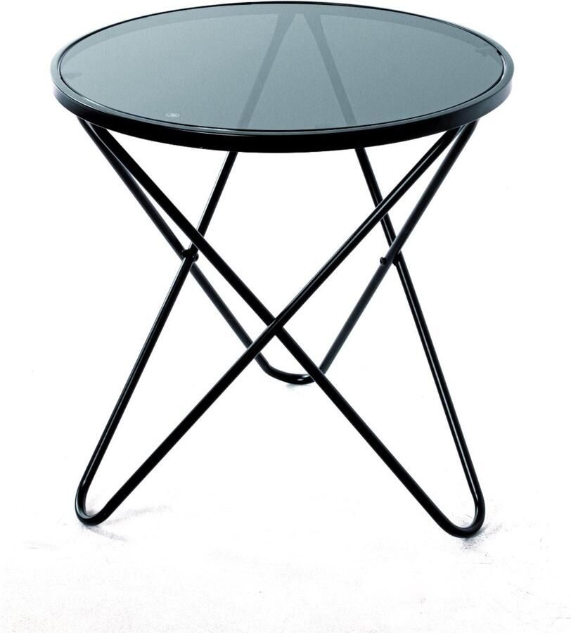 HK-Shop Tafel – Ronde bijzettafel – Zwart stalen buizenframe – Blad van zwart 5 mm veiligheidsglas – Stijlvol industrieel design – Diameter 55 cm – Hoogte 56 cm