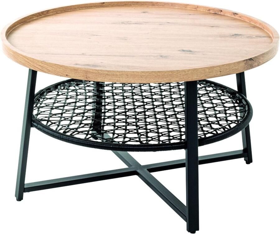 HK-Shop Tafel – Ronde salontafel – Stoer zwart staal met licht eiken MDF – Extra rotanlook opbergniveau – Modern design – 75 cm doorsnee – 45 cm hoog