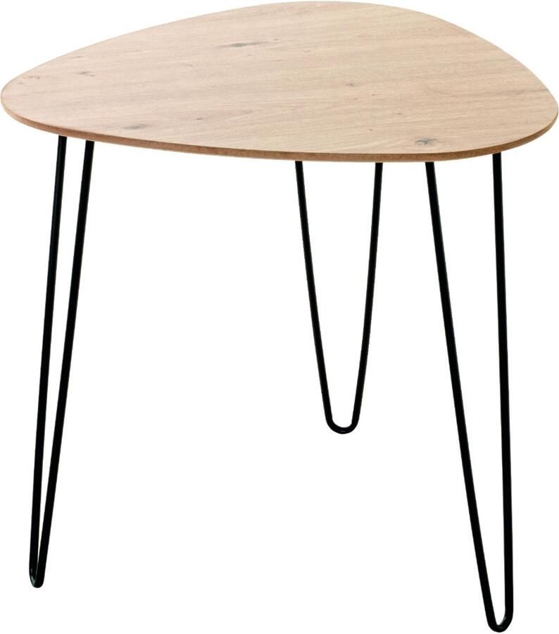 HK-Shop Tafel – Bijzettafel van zwart metaal – Licht eiken MDF blad met kleuraccenten – Modern design – Compact formaat 48x48x48 cm – Stijlvolle eyecatcher