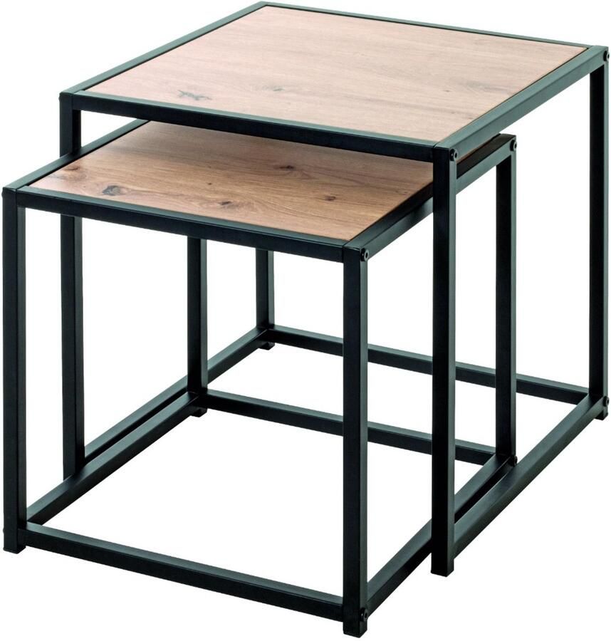 HK-Shop Tafel – stijlvolle salontafel – zwart metalen frame – licht eiken MDF planken met speelse kleuraccenten – modern design – stevig en onderhoudsvriendelijk