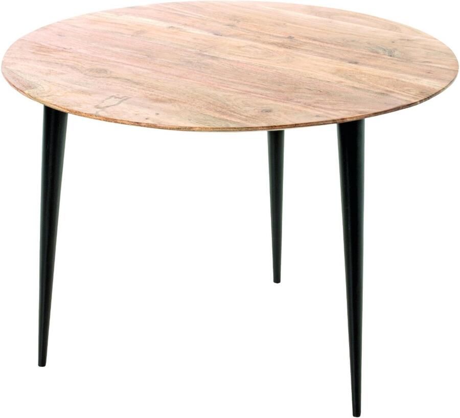 HK-Shop Tafel – Salontafel van zwart staal en massief acaciahout – Natuurlijk acaciakleur met zwart onderstel – Stevig en modern design – Rond ø 65 cm – Hoogte 46 cm