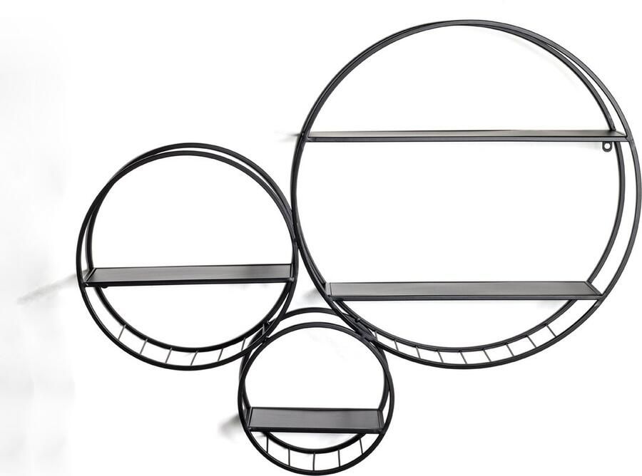 HK-Shop Wandrek – Zwart metaal – Rond driedelig vintage design met 4 planken – Industrieel wandrek