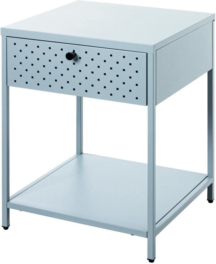 HK-Shop Wandtafel – Stijlvolle metalen bijzettafel in grijs – Stevig stalen frame – Met praktische lade en plank – Compact design 40x40x53 cm